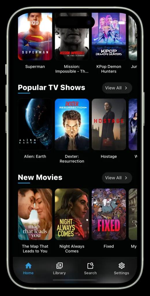 Nuvio APK home screen on Android showing movies and TV shows